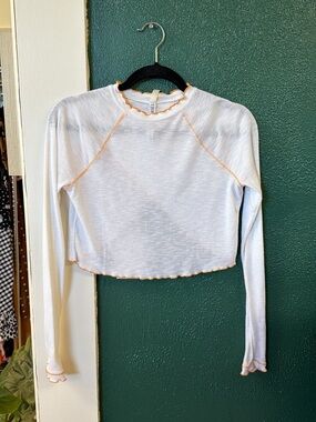 Free People White Long-Sleeve Ribbed Crop Top with orange Trim